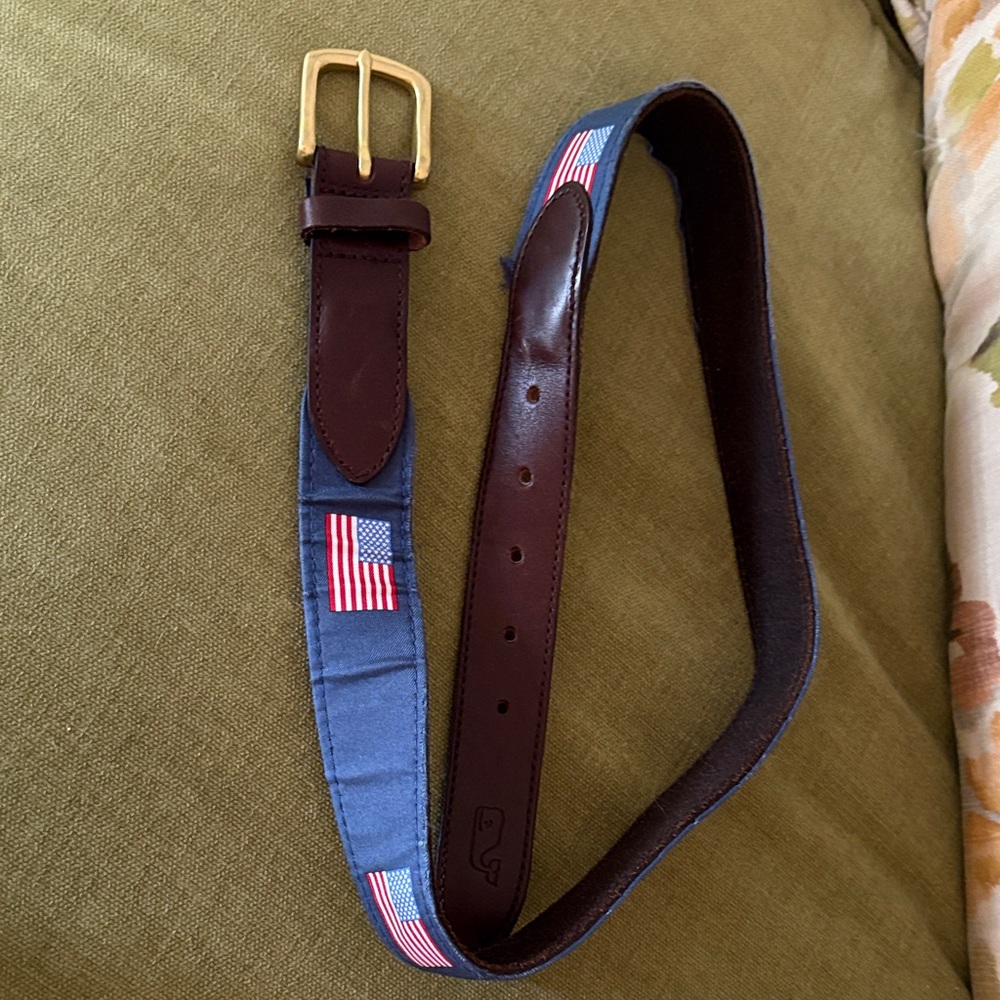 Vineyard Vines Blue and Brown Leather Belt with Flag Accents